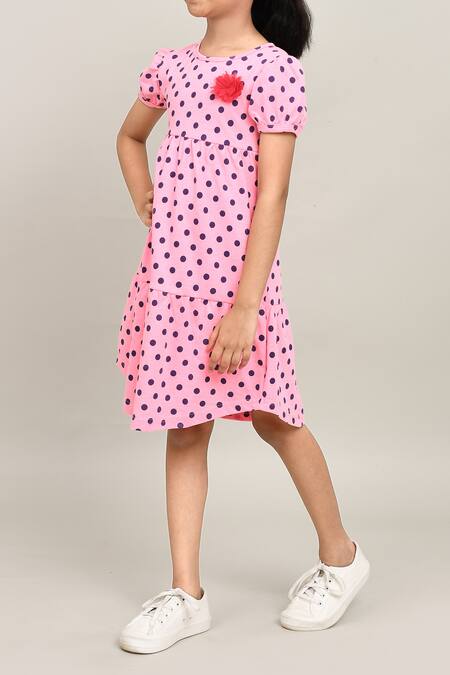 Shop_Petite Pomme_Pink Cotton Polka Dot Girls Dress _Online_at_Aza_Fashions