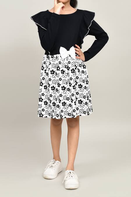 Buy_Petite Pomme_Black Cotton Bows Full Sleeve Floral Printed Dress _Online_at_Aza_Fashions