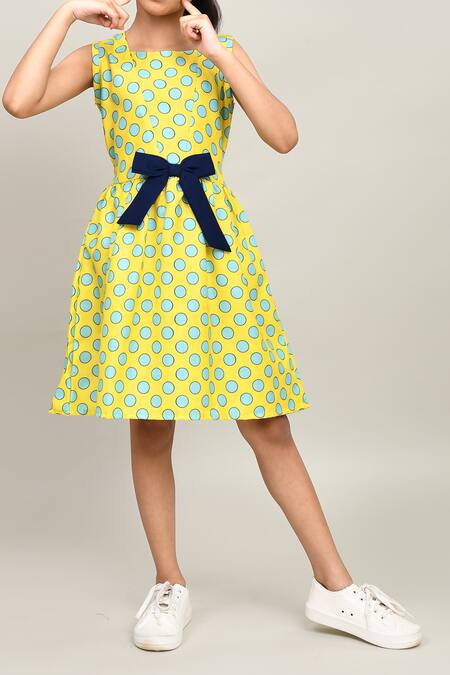 Petite Pomme_Yellow Cotton Sleeveless Polka Dot Frock _Online_at_Aza_Fashions