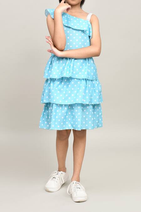 Petite Pomme_Blue Cotton Sleeveless One Shoulder Polka Dot Frock _Online_at_Aza_Fashions