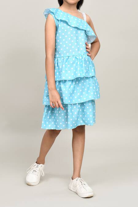 Buy_Petite Pomme_Blue Cotton Sleeveless One Shoulder Polka Dot Frock _Online_at_Aza_Fashions
