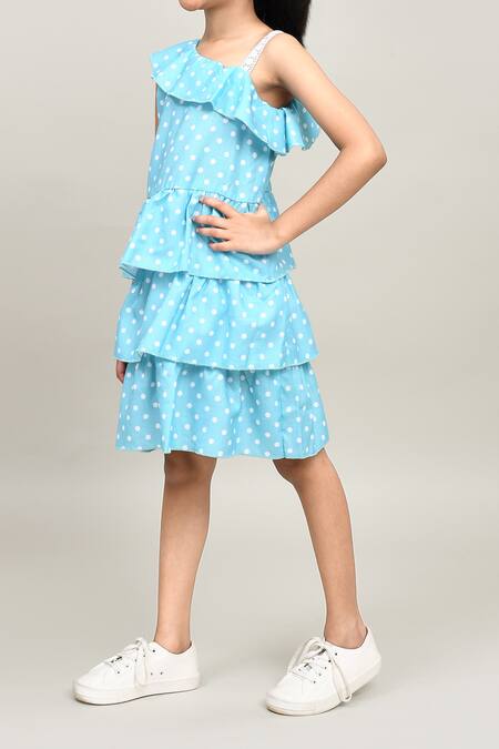 Shop_Petite Pomme_Blue Cotton Sleeveless One Shoulder Polka Dot Frock _Online_at_Aza_Fashions