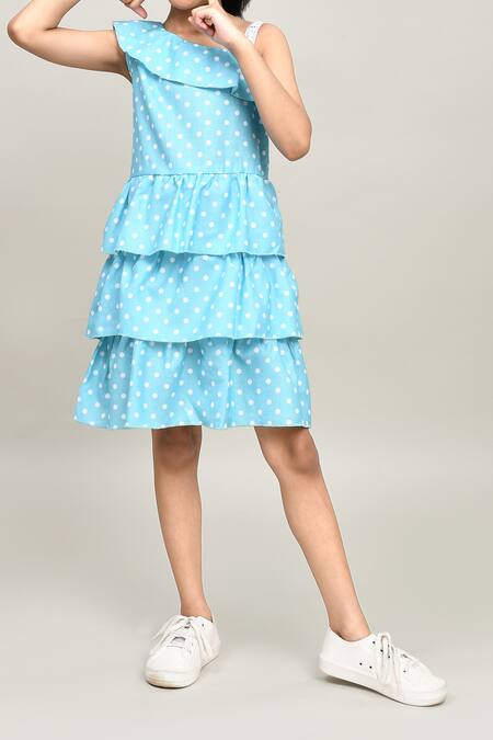 Petite Pomme_Blue Cotton Sleeveless One Shoulder Polka Dot Frock _at_Aza_Fashions