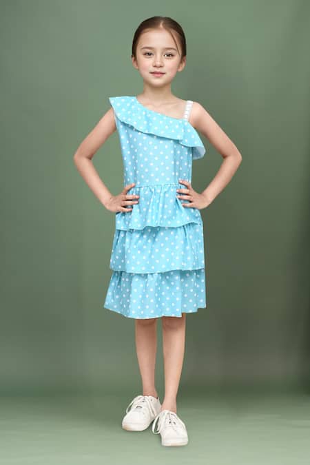 Petite Pomme Sleeveless One Shoulder Polka Dot Frock 