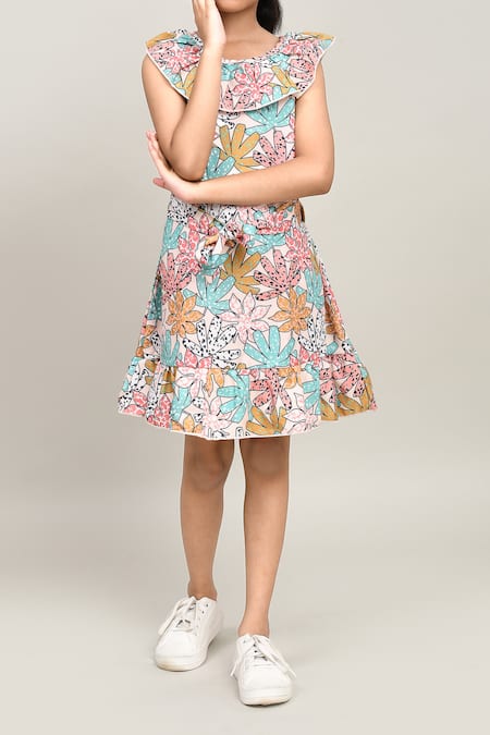 Shop_Petite Pomme_Beige Cotton Floral Printed Sleeveless Dress _Online_at_Aza_Fashions