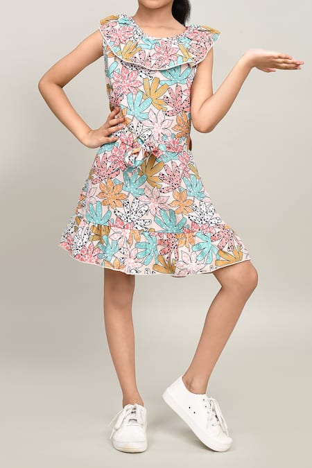 Petite Pomme_Beige Cotton Floral Printed Sleeveless Dress _at_Aza_Fashions