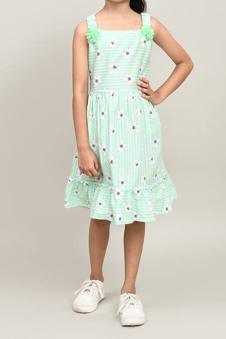 Petite Pomme_Green Cotton Embroidery Striped Floral Frock _Online_at_Aza_Fashions