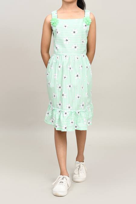Buy_Petite Pomme_Green Cotton Embroidery Striped Floral Frock _Online_at_Aza_Fashions