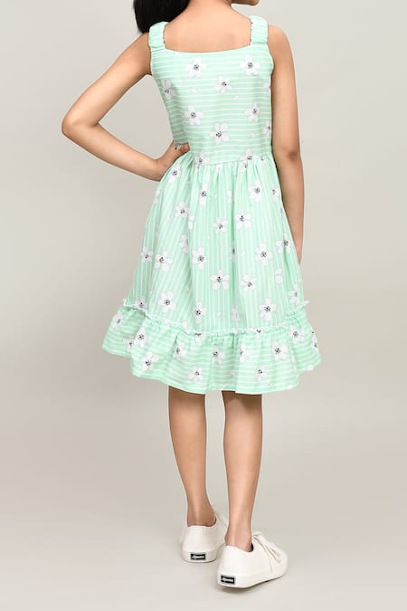 Petite Pomme Green Striped Floral Cotton Frock 