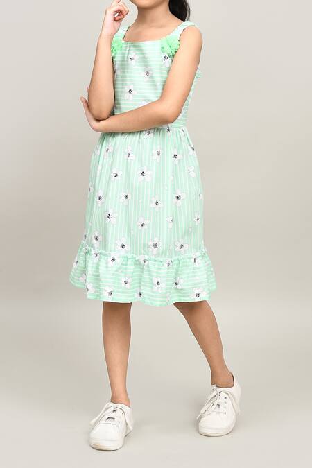 Shop_Petite Pomme_Green Cotton Embroidery Striped Floral Frock _Online_at_Aza_Fashions