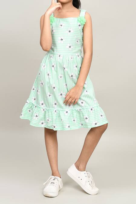 Petite Pomme_Green Cotton Embroidery Striped Floral Frock _at_Aza_Fashions