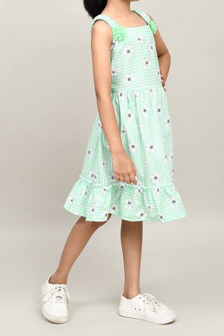 Buy_Petite Pomme_Green Cotton Embroidery Striped Floral Frock 