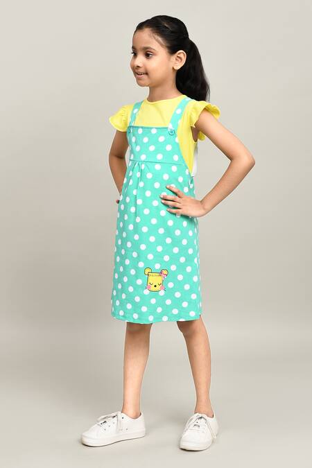 Petite Pomme_Yellow Cotton Polka Dungarees Dress Set _Online_at_Aza_Fashions
