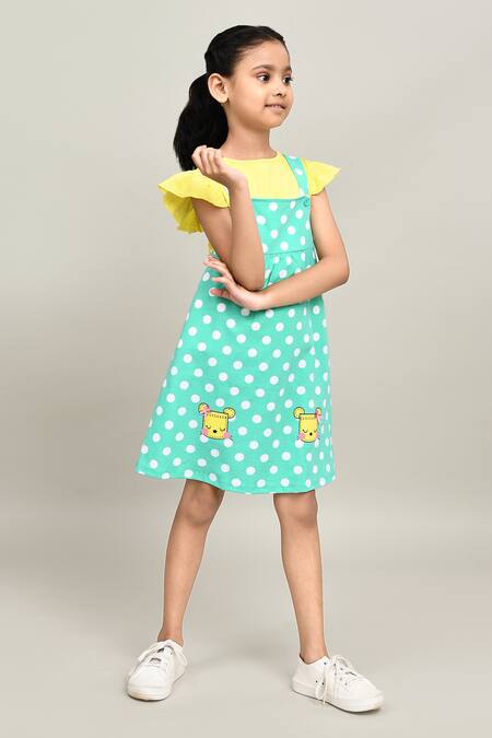 Buy_Petite Pomme_Yellow Cotton Polka Dungarees Dress Set _Online_at_Aza_Fashions