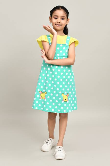 Shop_Petite Pomme_Yellow Cotton Polka Dungarees Dress Set _Online_at_Aza_Fashions