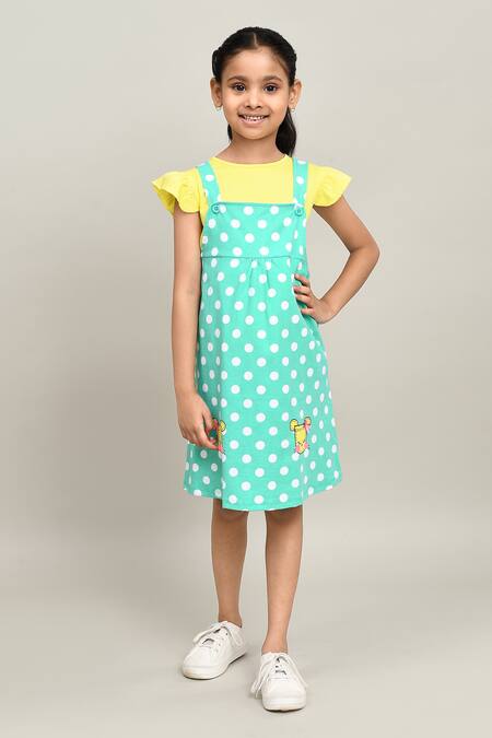 Petite Pomme_Yellow Cotton Polka Dungarees Dress Set _at_Aza_Fashions