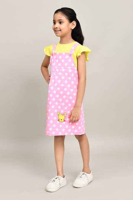 Petite Pomme_Yellow Cotton Embroidery Polka Dungarees Dress Set _Online_at_Aza_Fashions