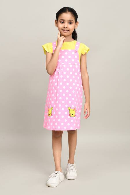 Buy_Petite Pomme_Yellow Cotton Embroidery Polka Dungarees Dress Set _Online_at_Aza_Fashions
