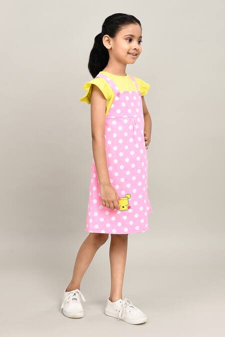 Shop_Petite Pomme_Yellow Cotton Embroidery Polka Dungarees Dress Set _Online_at_Aza_Fashions