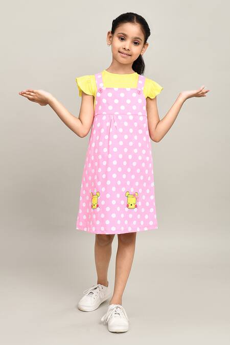 Petite Pomme_Yellow Cotton Embroidery Polka Dungarees Dress Set _at_Aza_Fashions