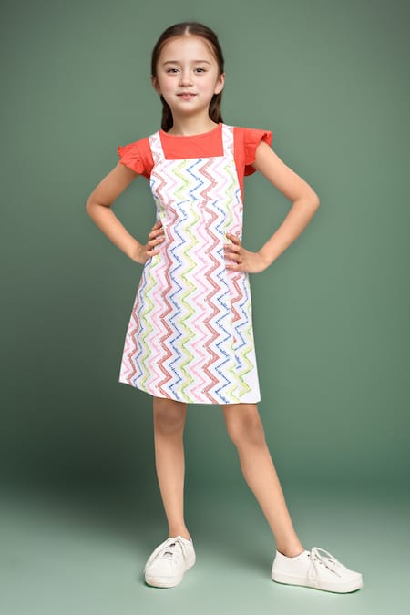 Petite Pomme Coral & White Zigzag Dungarees Dress 