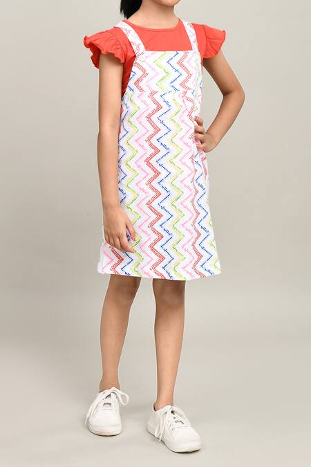 Petite Pomme_Coral Cotton And White Zigzag Dungarees Dress _Online_at_Aza_Fashions