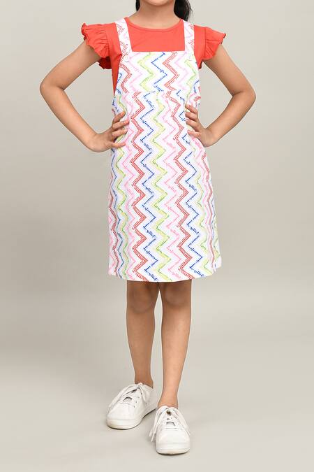 Shop_Petite Pomme_Coral Cotton And White Zigzag Dungarees Dress _Online_at_Aza_Fashions