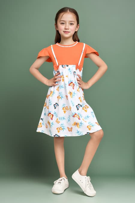 Petite Pomme Orange White AOP Cotton Knee-Length Dress 