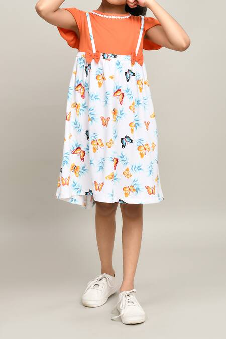 Petite Pomme_Orange Cotton White Aop Knee-length Dress _Online_at_Aza_Fashions