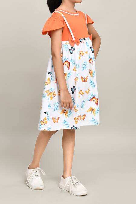 Buy_Petite Pomme_Orange Cotton White Aop Knee-length Dress _Online_at_Aza_Fashions