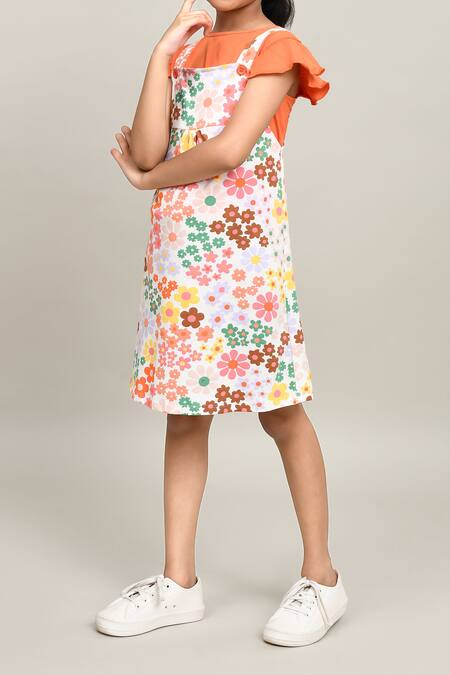 Buy_Petite Pomme_Orange Cotton Floral Print Pinafore Dress _Online_at_Aza_Fashions