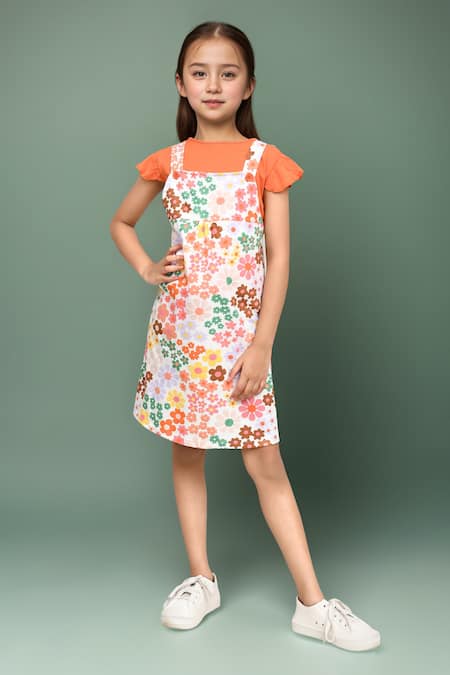 Samyukta Singhania Orange Cotton Floral Print Pinafore Dress 