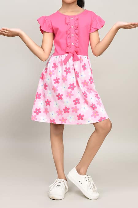 Buy_Petite Pomme_Pink Cotton Floral Print Knee-length Dress _Online_at_Aza_Fashions