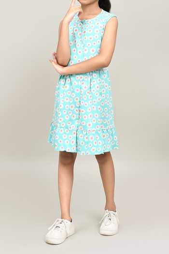 Samyukta Singhania_Green Cotton Aop Knee-length Dress_Online_at_Aza_Fashions