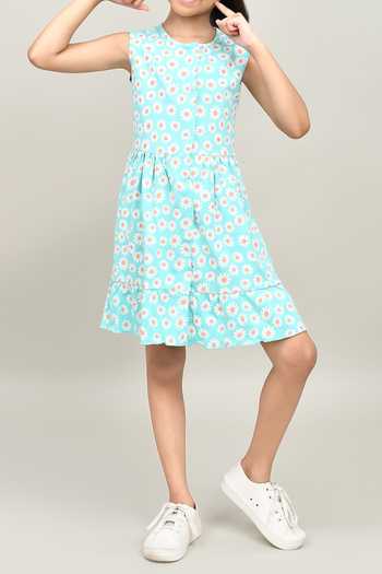 Shop_Samyukta Singhania_Green Cotton Aop Knee-length Dress_Online_at_Aza_Fashions