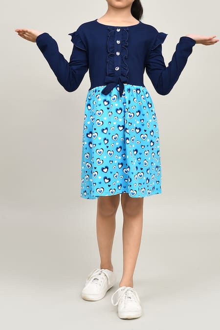 Petite Pomme_Blue Cotton Full Sleeves Navy And T Printed Dress _Online_at_Aza_Fashions