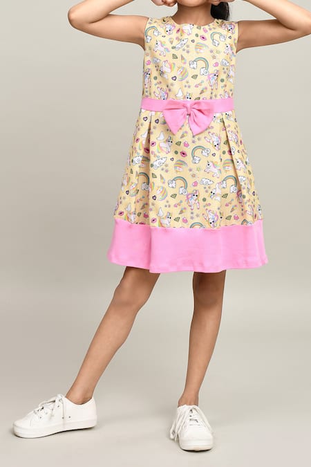 Shop_Petite Pomme_Yellow Cotton Bows Fancy Dress With Detail _Online_at_Aza_Fashions