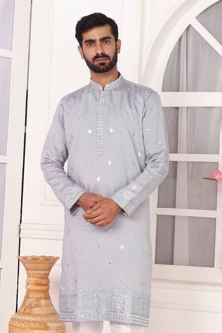 Buy Arihant Rai Sinha Gray Silk Embroidery Grey Kurta Set With Aligadhi Pant Online at Aza Fashions Buy_Arihant Rai Sinha_Gray Silk Embroidery Grey Kurta Set With Aligadhi Pant _Online_at_Aza_Fashions