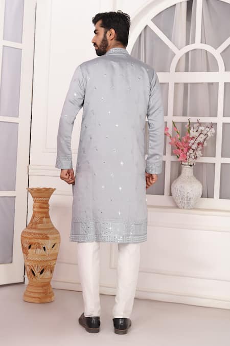 Arihant Rai Sinha_Gray Silk Embroidery Grey Kurta Set With Aligadhi Pant _Online_at_Aza_Fashions