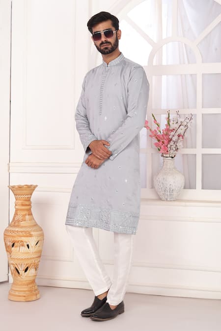 Shop_Arihant Rai Sinha_Gray Silk Embroidery Grey Kurta Set With Aligadhi Pant _Online_at_Aza_Fashions