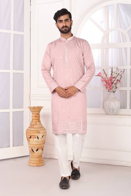 Shop_Arihant Rai Sinha_Pink Silk Embroidery Kurta Set With Aligadhi Pant _Online_at_Aza_Fashions
