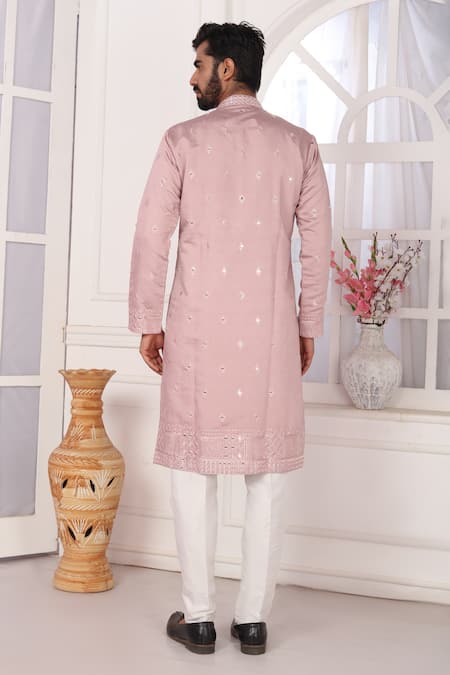 Shop_Arihant Rai Sinha_Pink Silk Embroidery Kurta Set With Aligadhi Pant _at_Aza_Fashions
