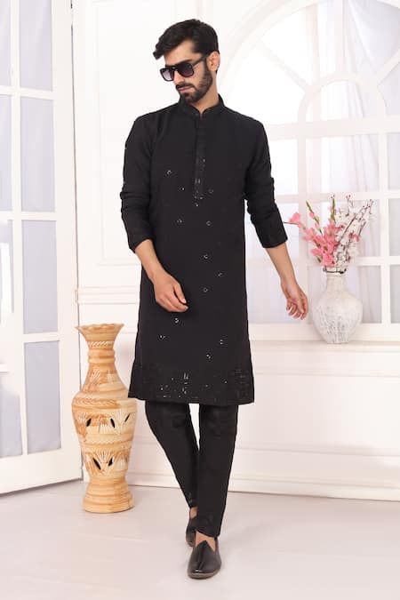 Shop_Arihant Rai Sinha_Black Silk Embroidery Kurta And Aligadhi Pant Set _Online_at_Aza_Fashions