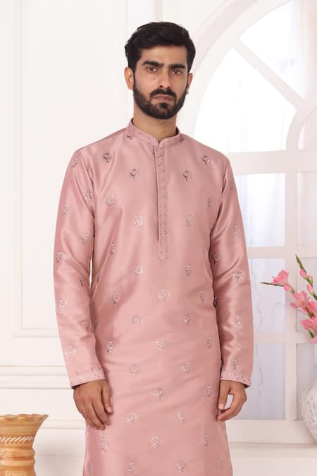 Shop_Arihant Rai Sinha_Pink Silk Embroidery Onion Kurta Set _Online_at_Aza_Fashions