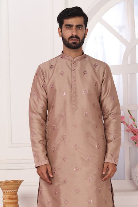Shop_Arihant Rai Sinha_Brown Silk, Brocade Embroidery Kurta Set With Aligadhi Pant _Online_at_Aza_Fashions