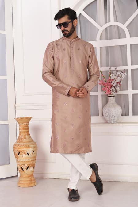 Shop_Arihant Rai Sinha_Brown Silk, Brocade Embroidery Kurta Set With Aligadhi Pant 