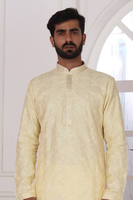 Arihant Rai Sinha Yellow Silk Embroidery Kurta And Cream Aligadhi Pant Online at Aza Fashions Arihant Rai Sinha_Yellow Silk Embroidery Kurta And Cream Aligadhi Pant _Online_at_Aza_Fashions