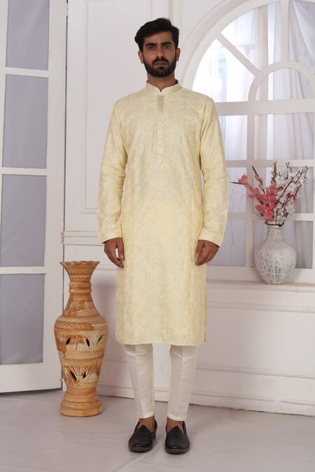 Buy_Arihant Rai Sinha_Yellow Silk Embroidery Kurta And Cream Aligadhi Pant _Online_at_Aza_Fashions