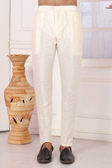 Shop_Arihant Rai Sinha_Yellow Silk Embroidery Kurta And Cream Aligadhi Pant _Online_at_Aza_Fashions