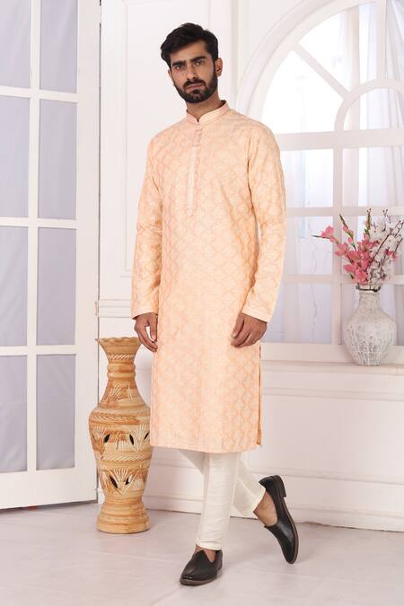 Arihant Rai Sinha_Peach Silk Embroidery Kurta Set _at_Aza_Fashions